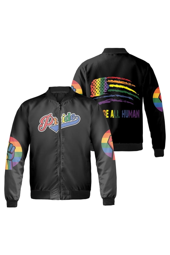 We Are All Human Pride Bomber Jacket, Rainbow American Flag and Fist Graphic, LGBT Pride Month Black Zip Up Jacket