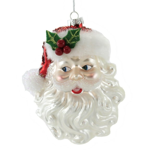 Holiday Ornament Santa Head. Glass Claus Christmas Holly Cg0067 Sideways