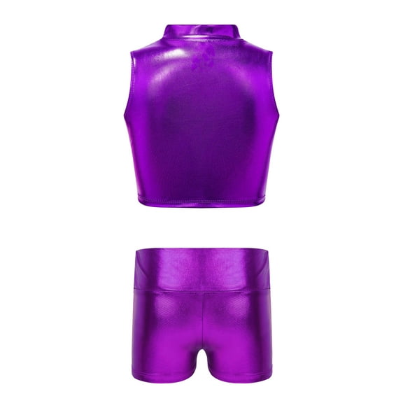 iiniim Kids Girls Sparkly Dance Shiny Crop Tank Tops with Gym Shorts 2 Piece Dancewear Purple 14