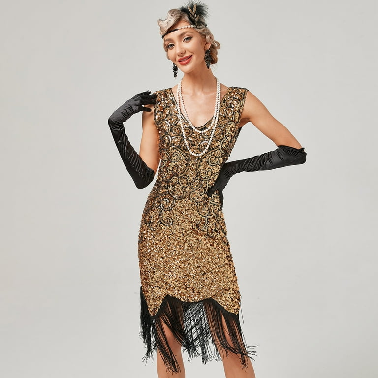 IBTOM CASTLE Women's 1920s Vintage Flapper Dress Gatsby Sequins Fringe  Tassels Dresses Wedding Party Cocktail Evening Gown XS Gold - Sequin -  Walmart.com
