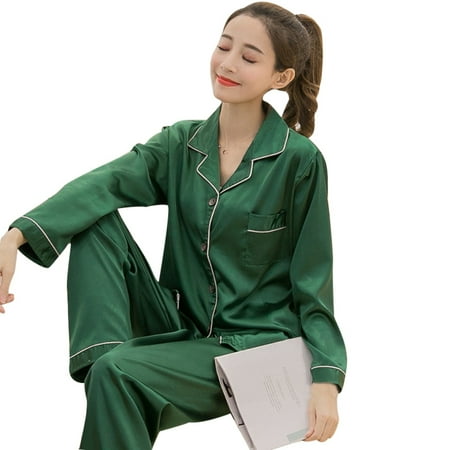 

Huasheng Women Solid Color Silky Pajama Set Long Sleeve Top Pants Two-pieces Sleepwear