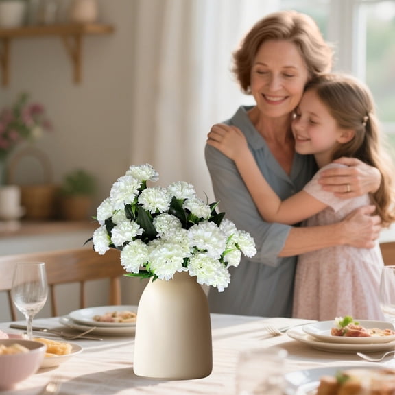 Artificial Silk Carnation Bouquet - Realistic Full Bloom Floral Arrangement for Home Decor, Mother's Day, Party, Wedding, Table Centerpiece, Durable Plastic Flowers with Silk Leaves & Grass Decor