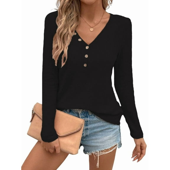 Women'S Long Sleeve Waffle Knit Shirts Dressy Casual Loose Button Up V Neck Henley Tops Fall Basic Tee Blouse Black XL