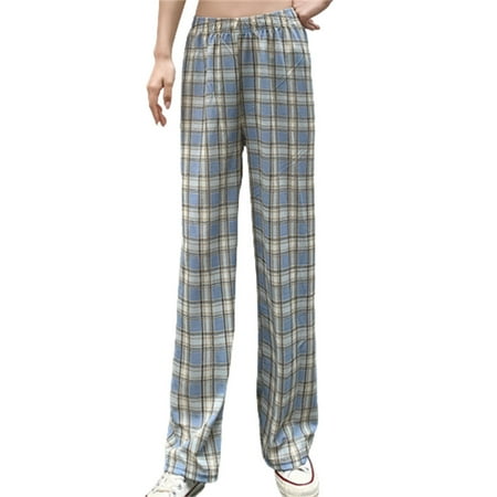 

Long Pants for Women Straight Wide Leg Trousers High Elastic Waist Pajama Sleep Pant M Blue Grid