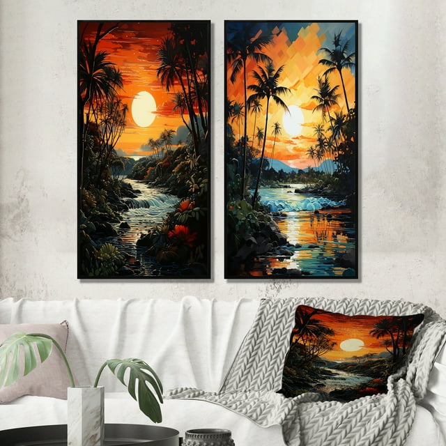 Designart "Palm Trees Tropical Painting VI" Palms & Palm Trees Framed Wall Art Set Of 2 - Red Floral Gallery Wall Frame Set For Home Decor