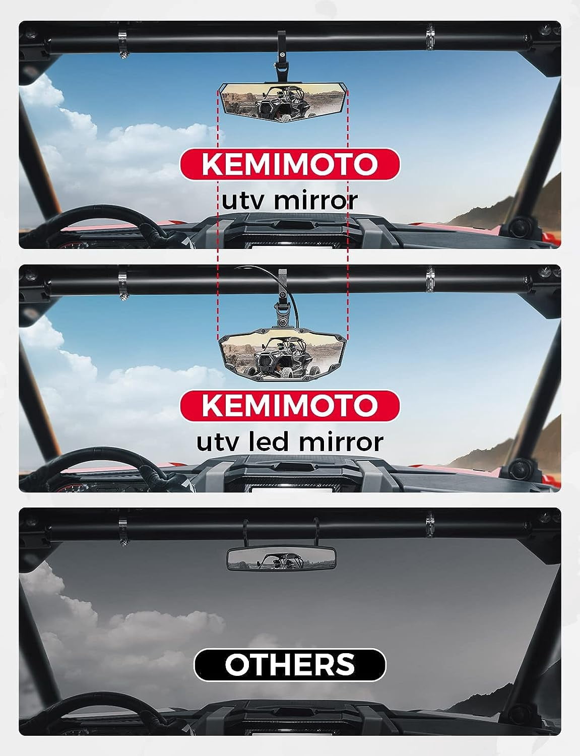 KEMIMOTO UTV Rear View Center Mirror w/ Light Heavy-Duty Compatible with 1.5" -2" Roll Bar Polaris RZR Kawasaki Mule Pioneer Talon Can Am X3