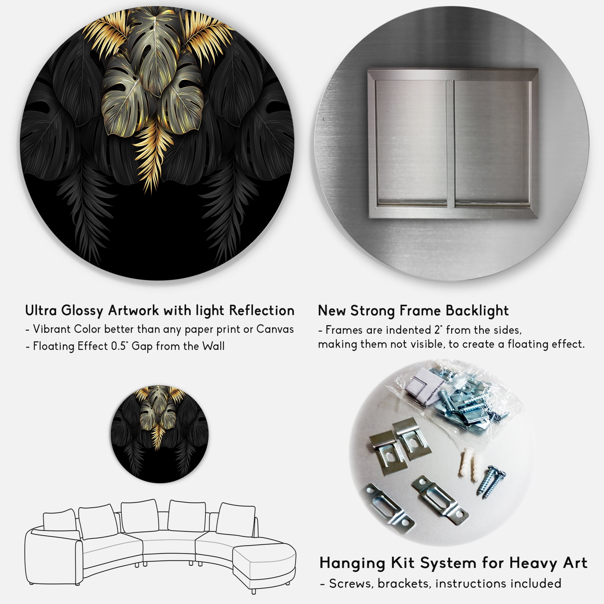 Designart 'Gold and Black Tropical Leaves IV' Modern Circle Metal Wall Art 36x36 - Disc of 36