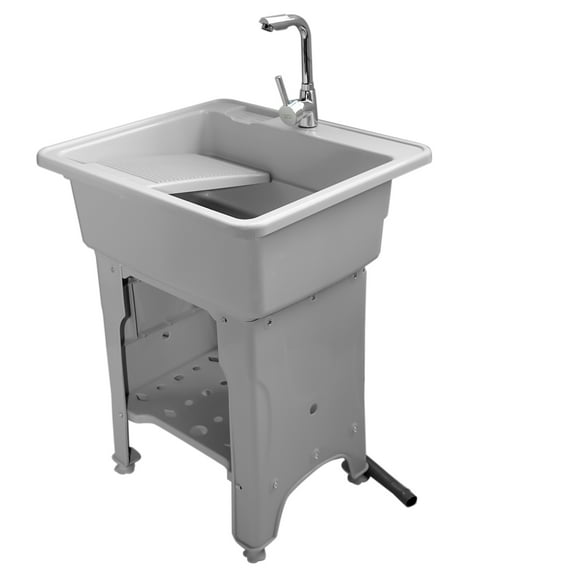 Gray Freestanding Plastic Utility Sinks Utility Sink Laundry Tub Outdoor Sink Drop in Deep Sink Kit with Inlet Pipe and Drain Pipe