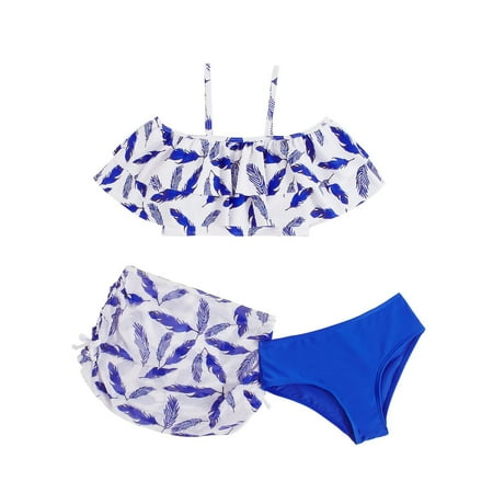 Toimothcn Girl s Bathing Suit Ruffled Sleeve Casual Hawaiian Floral Printed 3 Piece Bikini Set Quickly Dry Cover Up Swimwear 10-11 Years