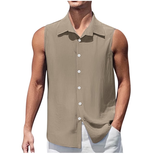 fheaev Débardeurs d'Entraînement pour Hommes en Coton Lin Boutons Cardigan Sans Manches Chemises de Musculation Chemises de Plage pour Musculation Gym Entraînement Physique Col Rabattu Tee-Shirts de Sport Vacances d'Été