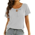 thumbnail image 1 of Vêtements d'Été pour Femmes Été Mode pour Femmes Col Rond à Lacets Manches Courtes Chemise de Couleur Unie T-Shirt Décontracté Hauts, 1 of 8