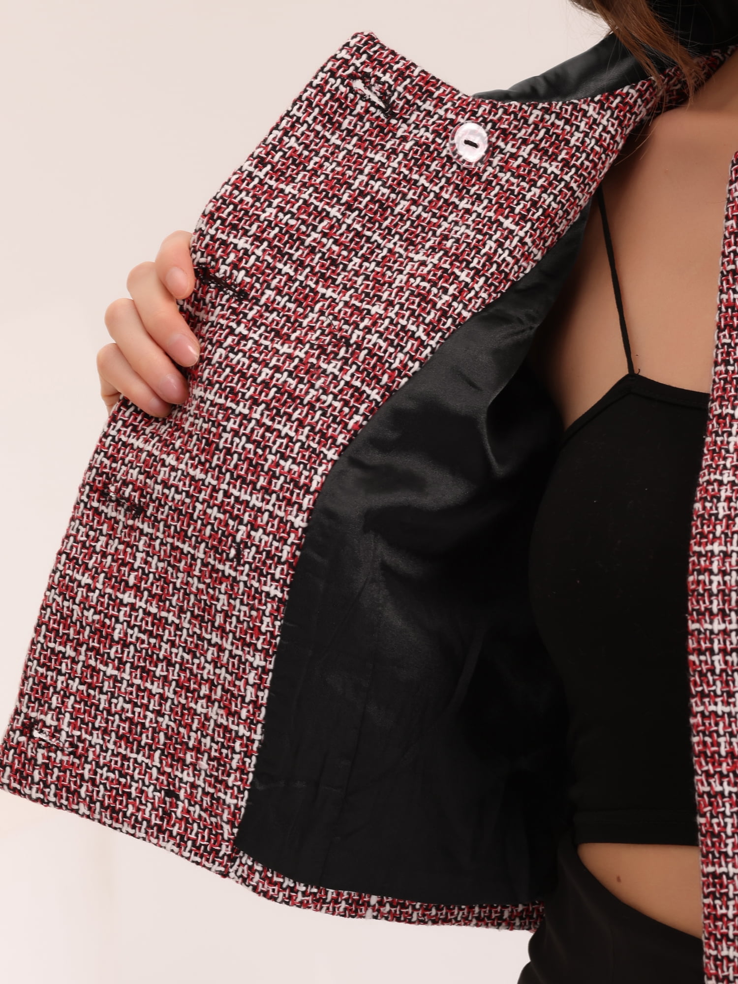 DARING DIVA Women's Lapel Collar Vintage Plaid Tweed Cropped Jackets Blazer XS Red
