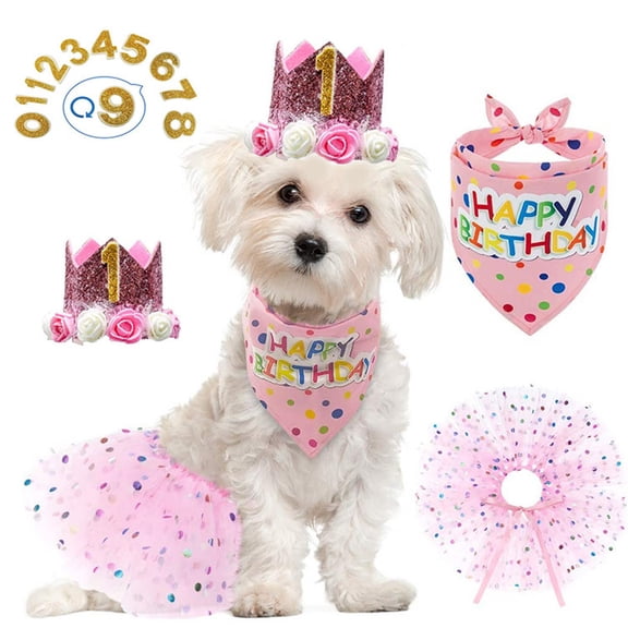 Dog Birthday Party Outfits Puppy Rose Pink with 3D White Pink Rose Pet Party Decorations Kit with Birthday Hat Polka Dots Bandana Numbers Puffy Skirt Party Celebration Supplies
