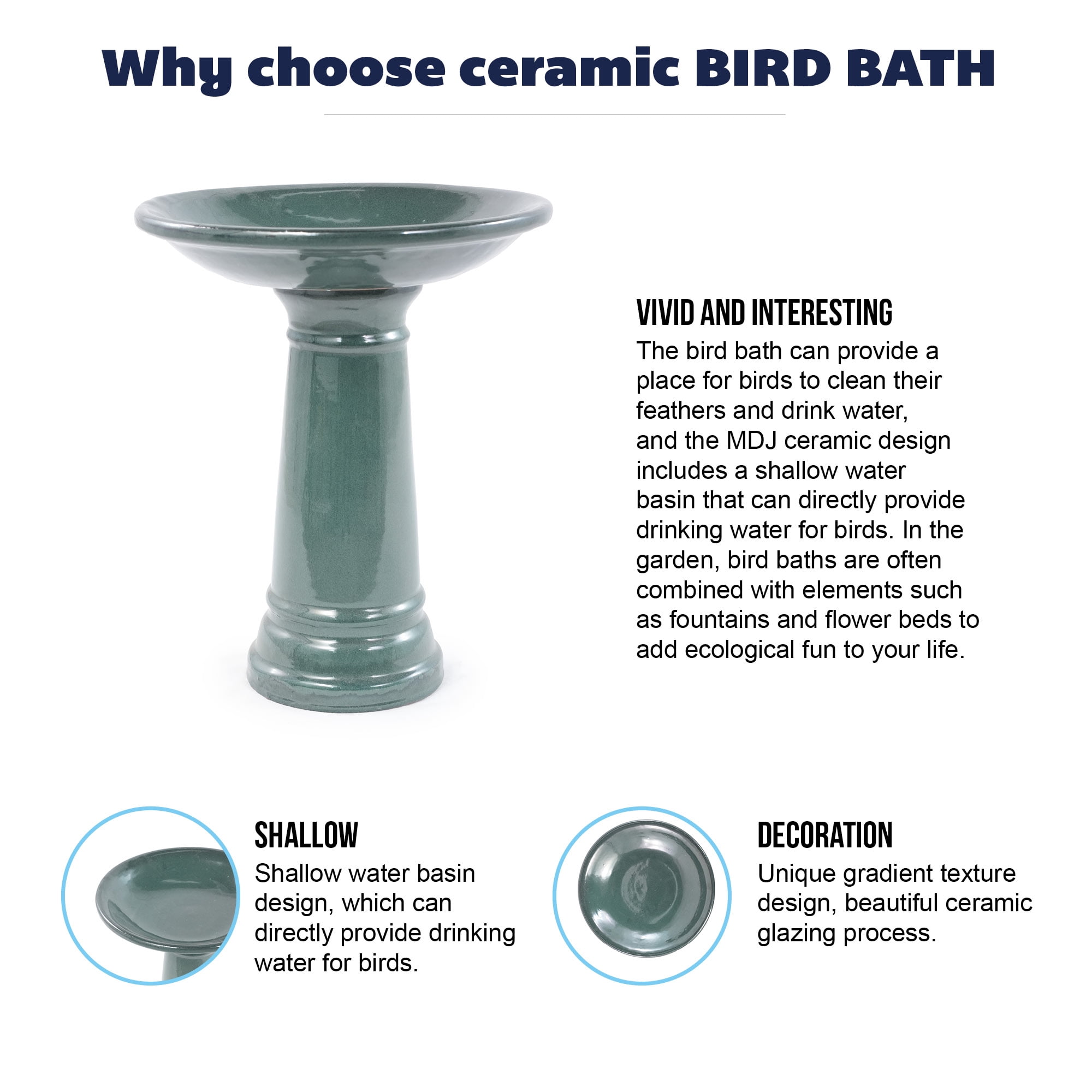 Ceramic Pedestal Bird Bath for Outdoor Garden, 12.4 Inch Diameter Vintage Forest Green Birdbath, Tall Backyard Patio Wild Bird Water Feeder Yard Decor