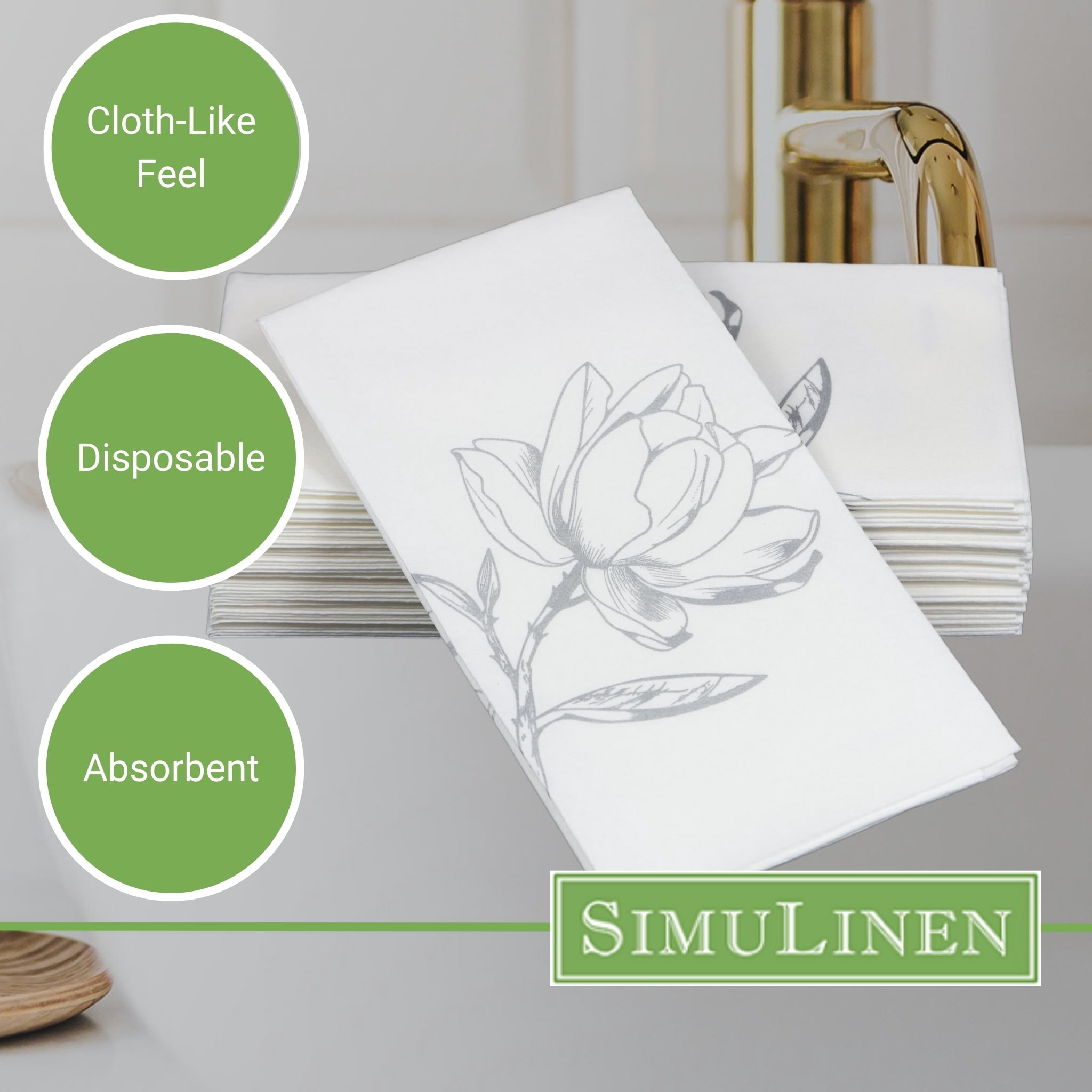 SimuLinen 12"x17" Disposable Guest Hand Towels - Silver Magnolia Design - 100ct