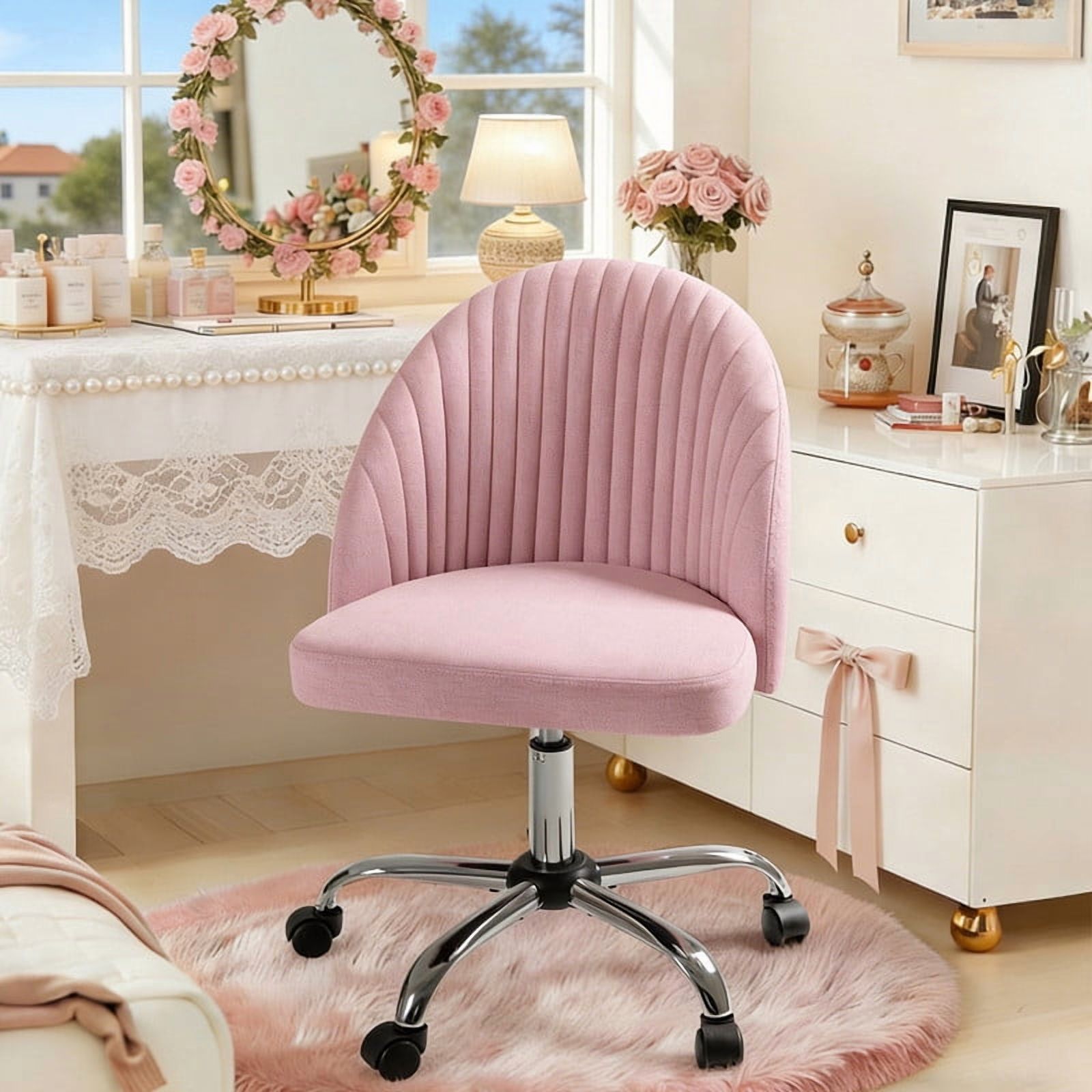 Homall Home Office Chair Adjustable Swivel Vanity Chairs Mid Back Rolling Task Chairs for Bedroom, Living Room or Study, Pink