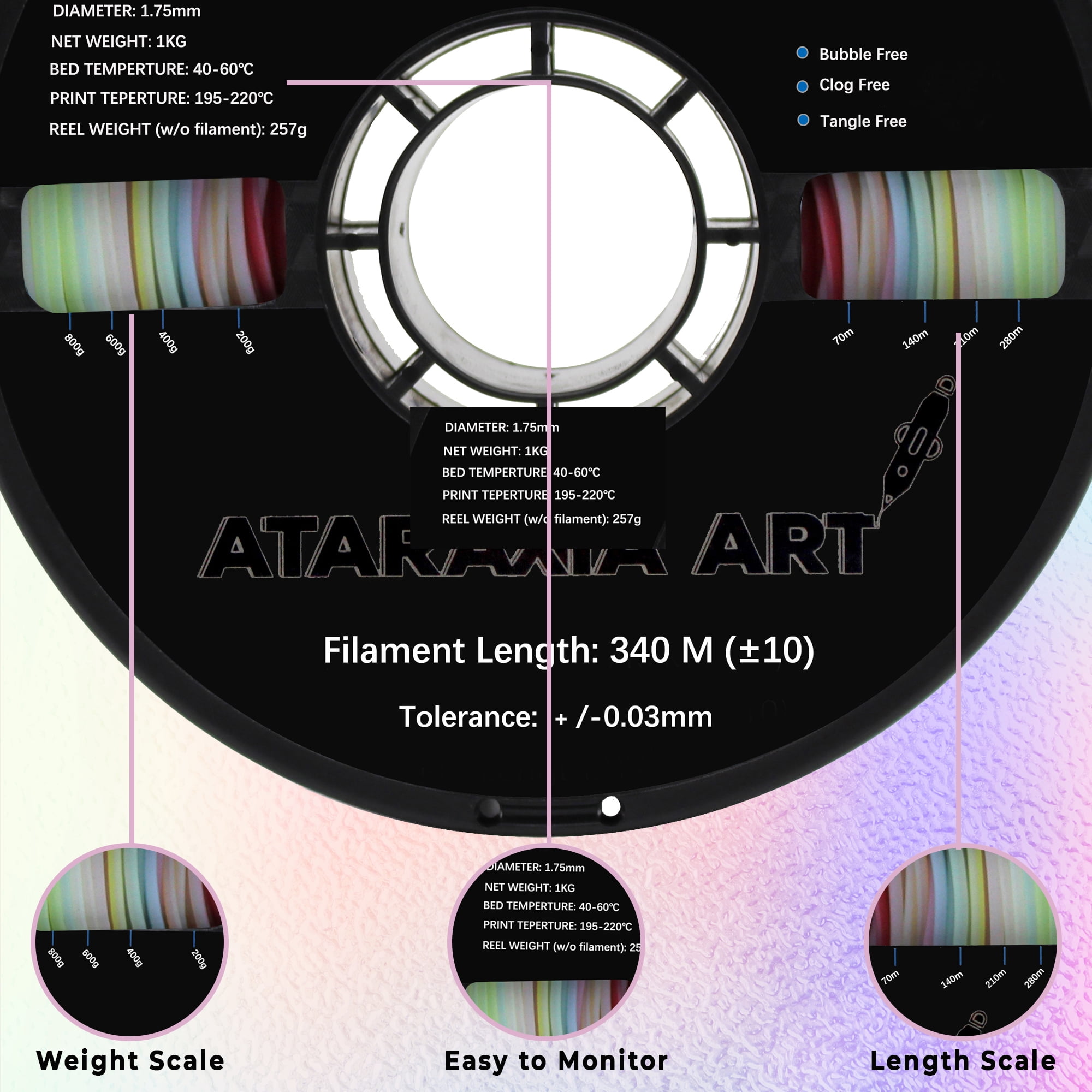 Ataraxia Art White Mini Rainbow Multicolor PLA Plus Filament 1.75mm,3D Printer 3D Printing Rainbow Filament, 1kg/2.2lb,Include Filament Storage Bag, Fit Most FDM 3D Printer