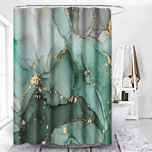 Shower Curtain Sets Bathroom With 12 Hooks, Green Gold Marble Teal Aqua, Bath Decor Turquoise Abstract Ocean Waves Swirls Waterproof Polyester Bathing Curtain 72"W x 84"L