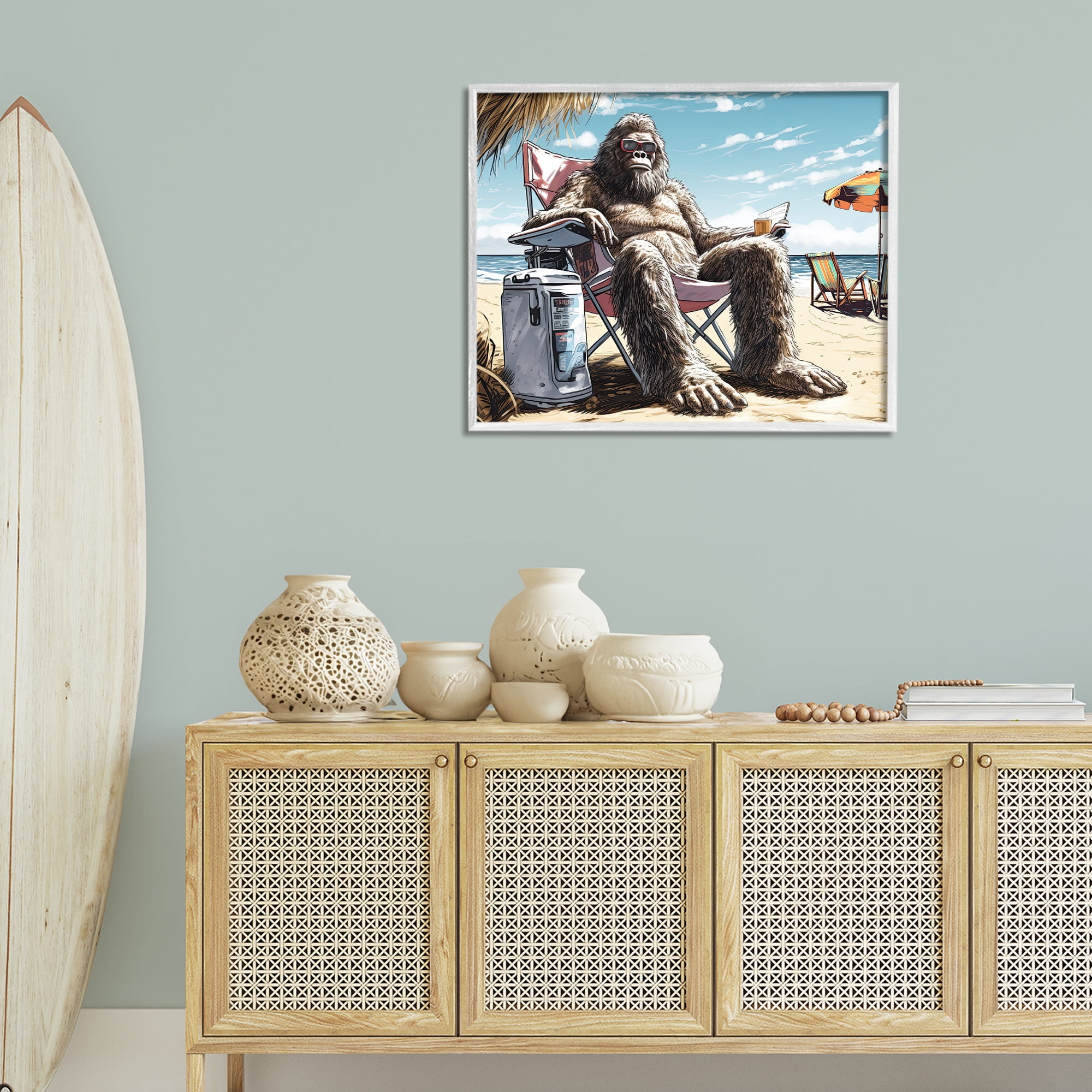 Stupell Industries Big Monster on Beach Fairy Tales & Fantasy Painting White Framed Art Print Wall Art, 30 x 24