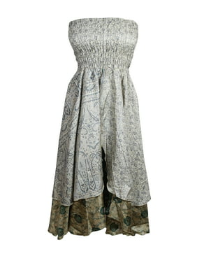 Mogul Women Gray Long Skirt Paisley Print Dress Recycled Sari Flared Skirt, Hi Low Dresses, Strapless Dress, Two Layer Skirt S/M