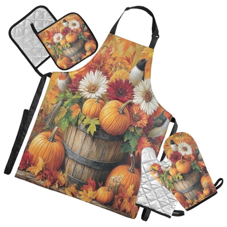 5-Piece Kitchen Apron Set with Heat-Resistant Gloves & Insulation Mats for Cooking Baking BBQ Pumpkins Birds and Flowers