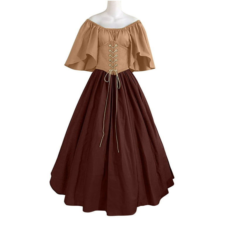 CLEARANCE Medieval Dress Off Shoulder Dresses for Women Vintage Lace Dress  Corset Dress Brown Dresses Flare Sleeve Dresses With Patchwork Ball Gown  Ankle Dress Women Retro Contrast Color Sleeves Cour 
