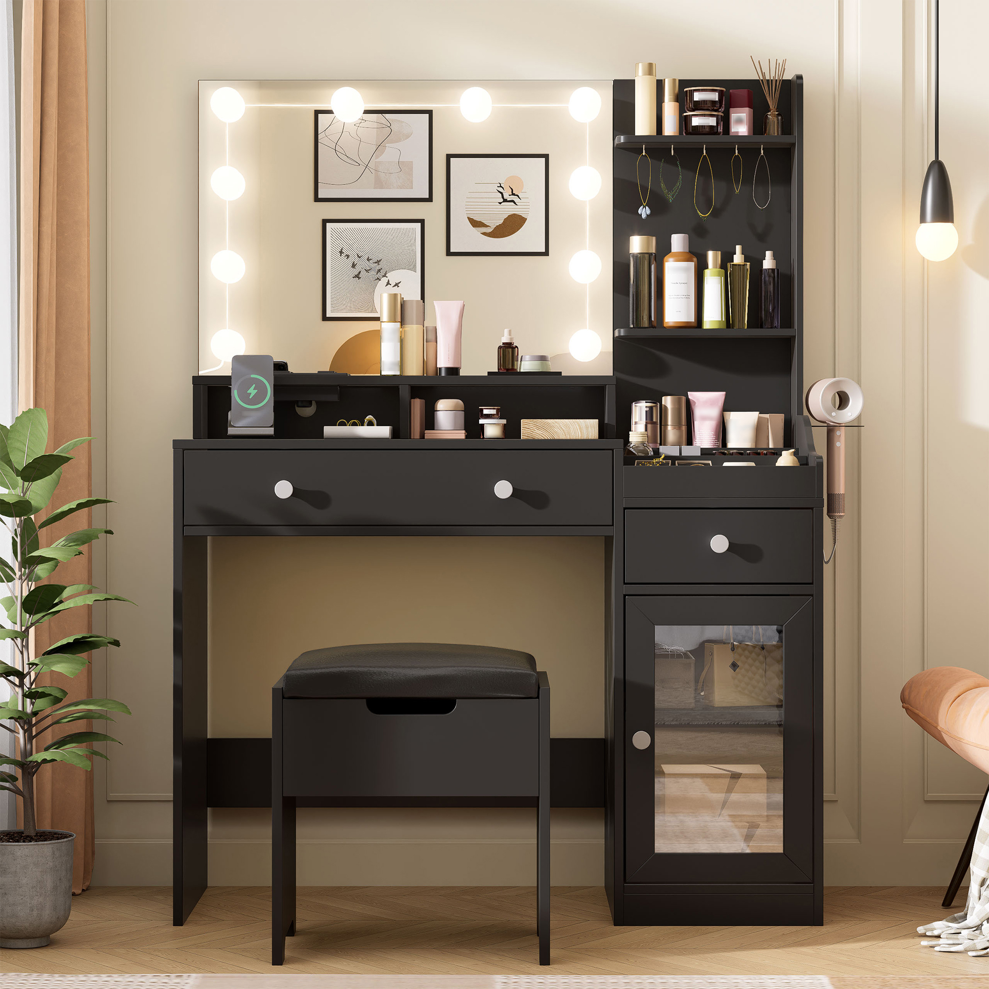 Black Vanity Set with Mirror and Lights, Modern Makeup Table with Charging Station