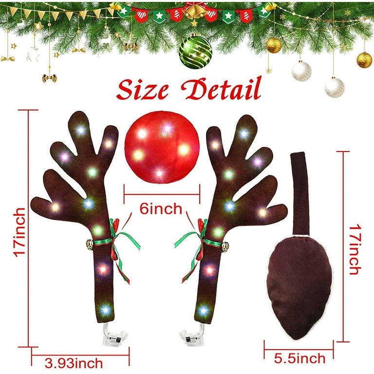 Car Reindeer Antler Decorations,Vehicle Xmas Decorations Auto Decoration  Reindeer Kit with Jingle Bells Rudolph Reindeer Red Nose and Tail for Car