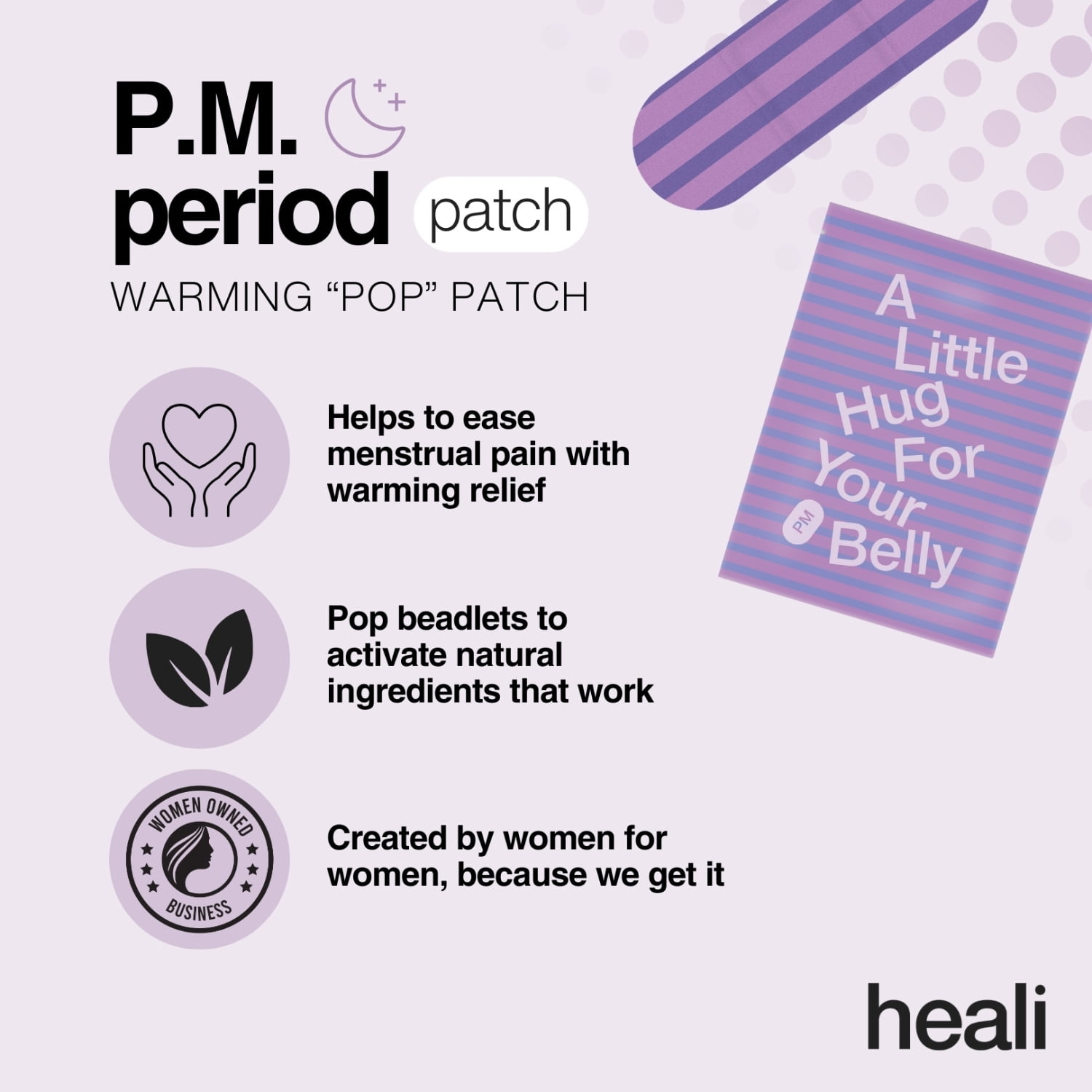 Heali Night Menstrual Heating Patches, 3 Count, Natural Ingredients for Period Pain Relief