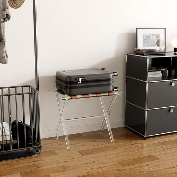 Acrylic Luggage Rack for Guest Room - Foldable Suitcase Stand with Leather Straps for Bedroom Living Room Hotel Heavy-Duty, Holds up to 50-100 lb lightweight Space Saving (Brown & Handle - 1 Pcs)