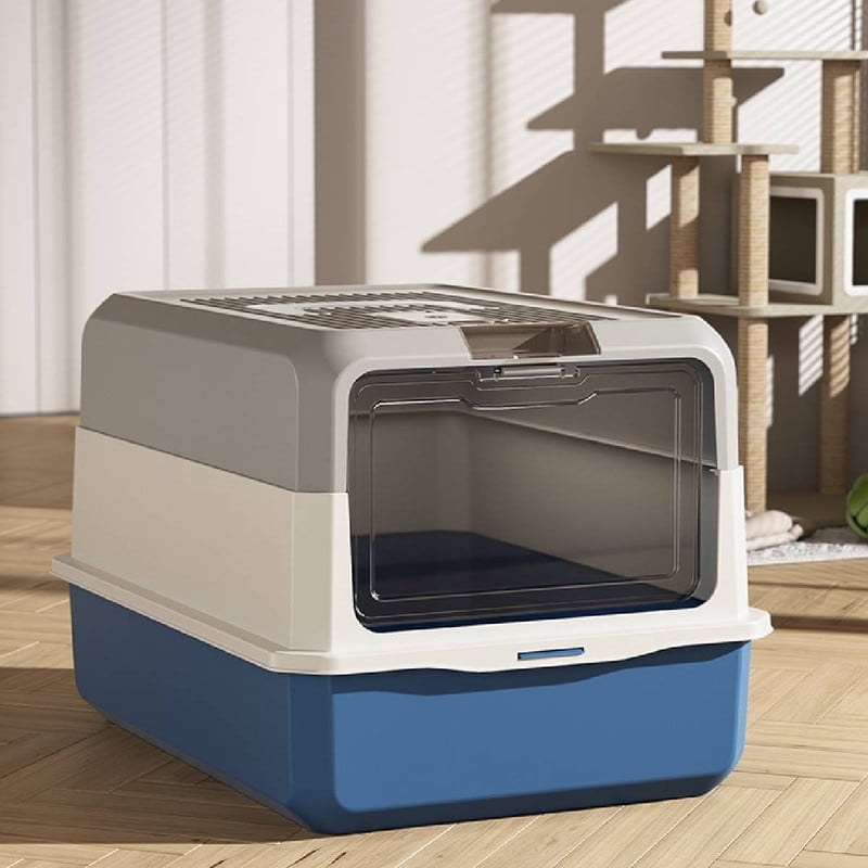 Cat Litter Box Enclosure Large Litter Box with Front Door Flap and Scoop Plastic Blue