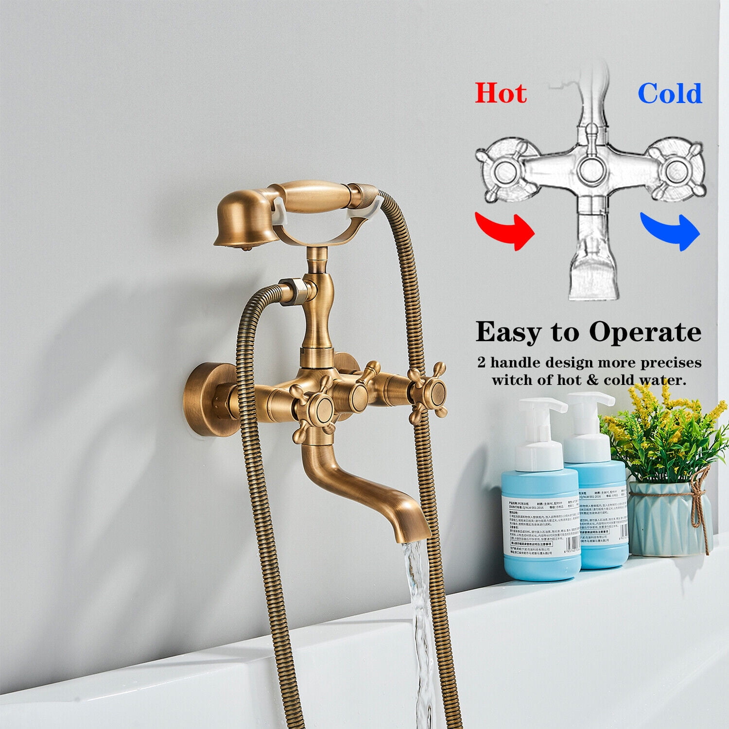 Antique Brass Clawfoot Bathtub Faucet with Hand Sprayer Dual Cross Tub Filler