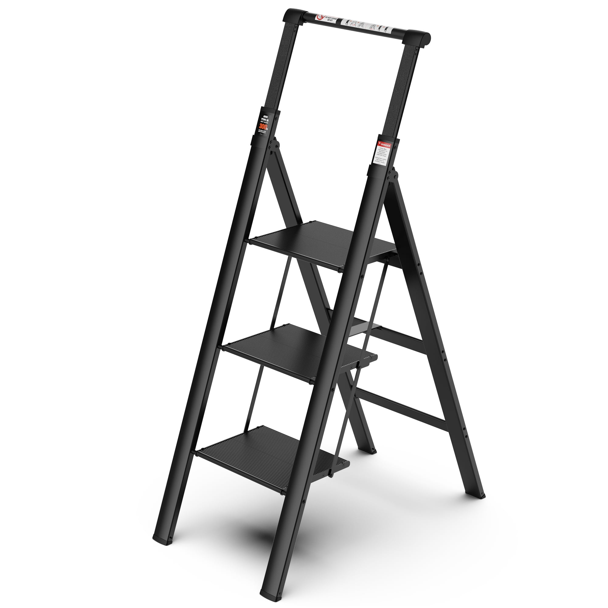 Kadyn Aluminum 3 Step Ladder, Retractable Ladder Folding Step Stool with Anti-Slip Wide Pedal, Portable Lightweight Ladder for Home and Office Use, Black