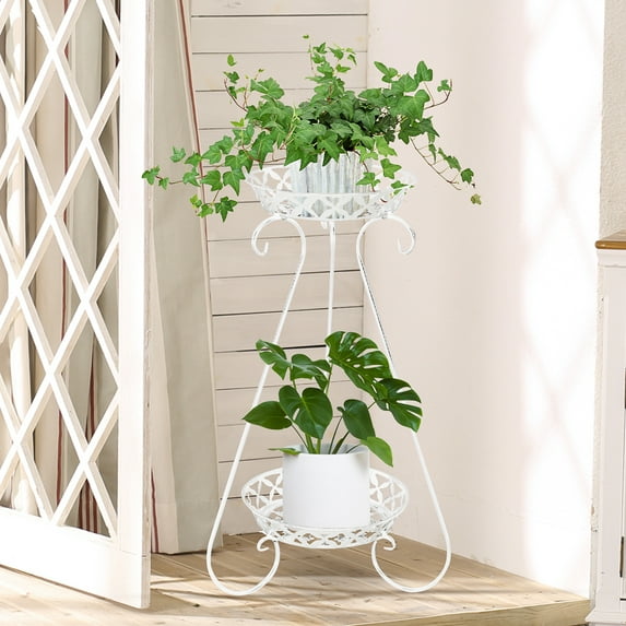 2 Tier Metal Plant Stand Holder Display Flower Storage Rack Shelf For Garden Indoor Outdoor Living Room Balcony Patio Yard White