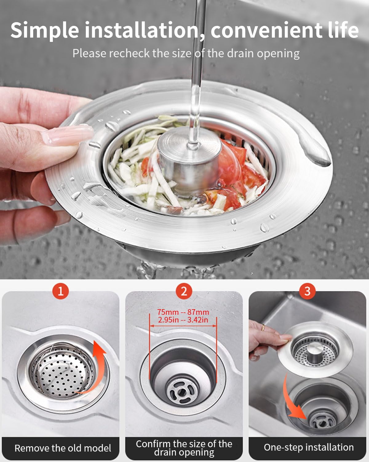 NexTone 3 in 1 Kitchen Sink Drain Strainer [304 Stainless Steel Pop Up] Anti-Clogging Kitchen Sink Drain Stopper Stainless Steel Efficiently Drainage Odor Filter Sink Plug for Us Standard 3-1/2 Inch