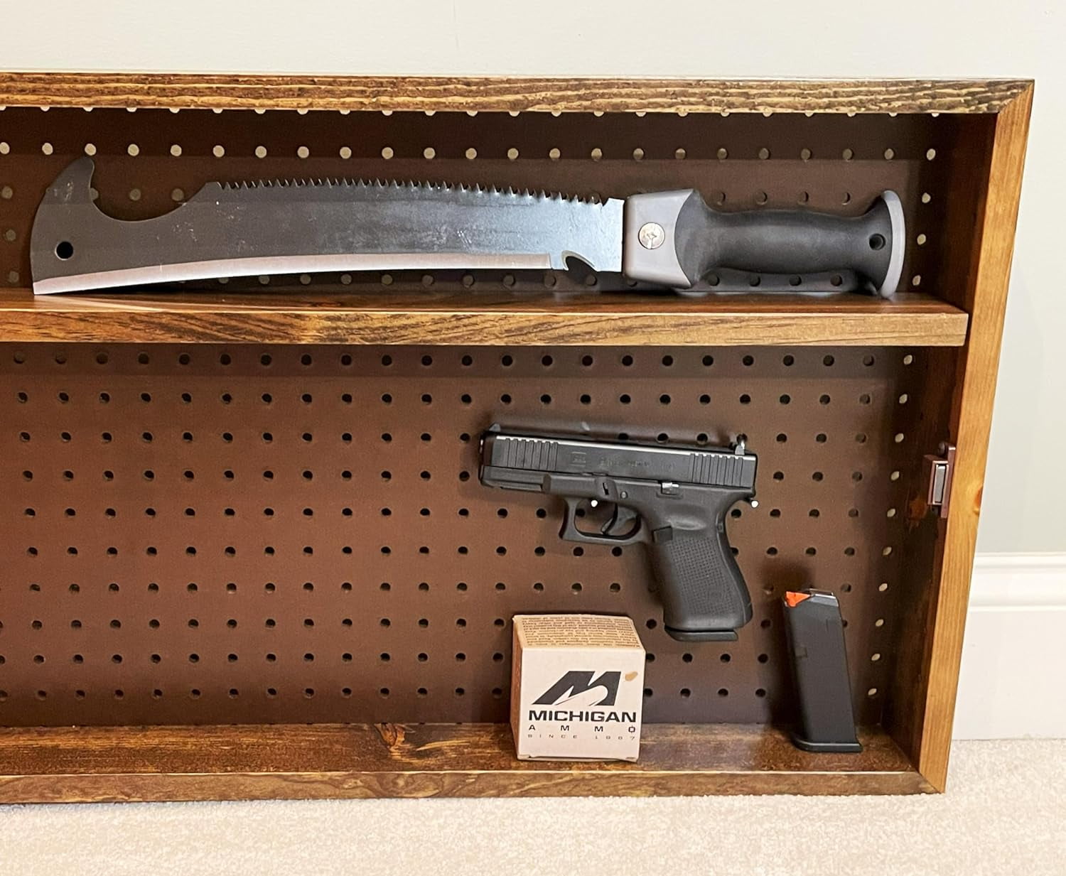 American Flag Concealed/Hidden Cabinet/Box for Guns, Knives, Anything. Configurable Pegboard Back, Removable Shelves. 31x19x4