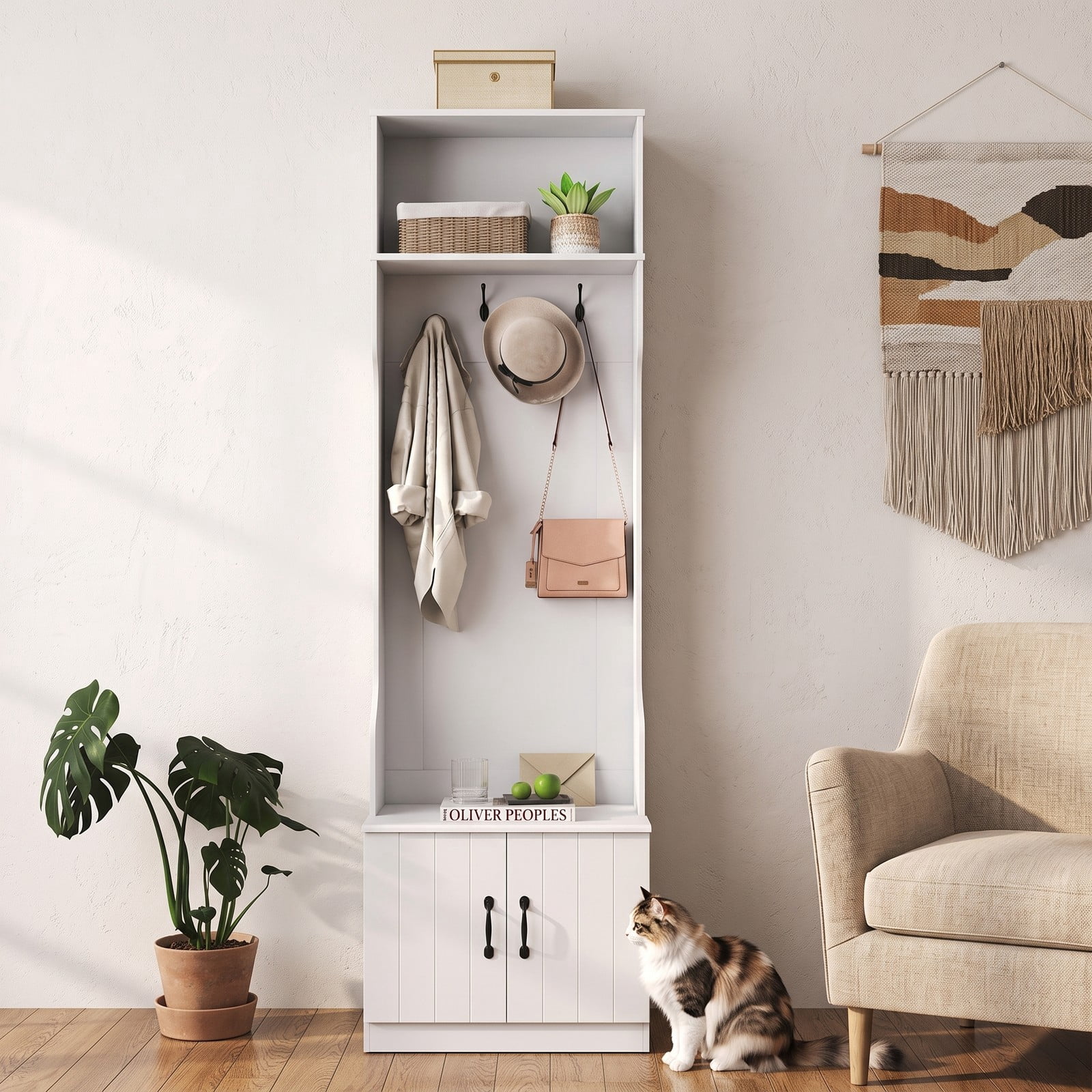 Furnibear 3 in 1 Hall Tree with Bench Shoe Cabinet and 4 Double Hooks 23.5 Inch Wide Mudroom Storage for Entryway, White