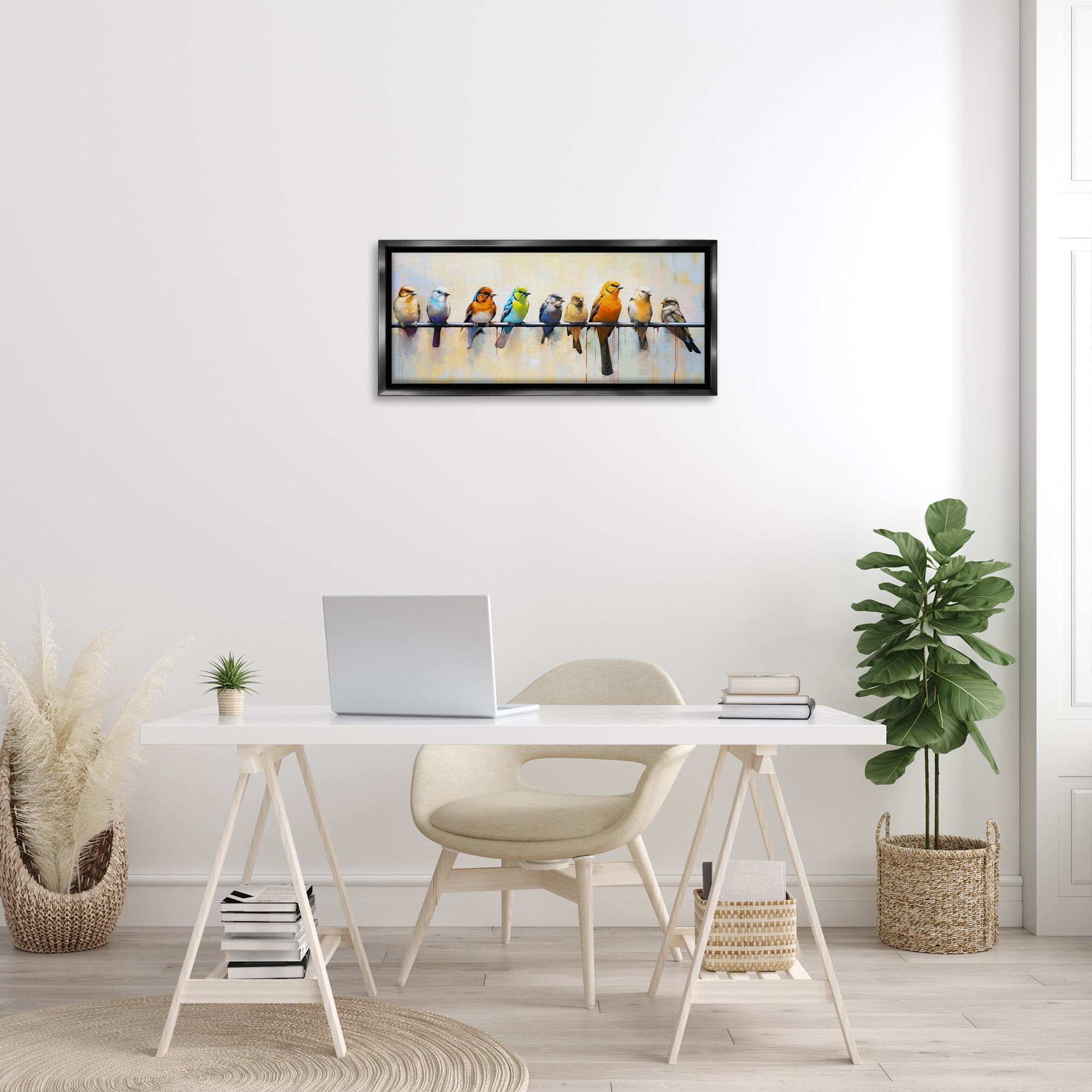 Stupell Industries Modern Birds Perched Animals & Insects Painting Black Floater Framed Canvas Art Print Wall Art, 31 x 14