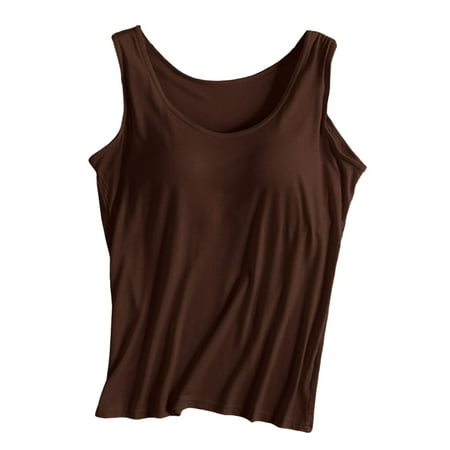 MIASHUI Women Solid Color Tank Top with Bra Wide Strap Yoga Sports Vest Brown XL