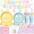 thumbnail image 1 of wonima02 Smiley Face Pastel Plates and Napkins Birthday Decorations, Preppy Birthday Banner Smiley Face Cups Table Cloth Cake Toppers pastel Colorful Rainbow Preppy Y2k Party Decorations, 1 of 1