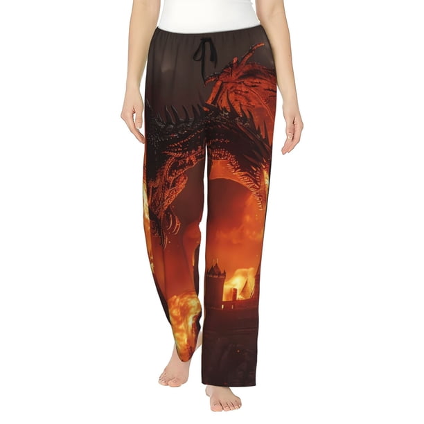 Balery Fiery Dragons Castle Attack Pantalones de pijama para mujer, pijamas ultraligeros, pantalones de estar por casa-Large