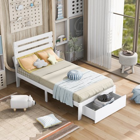 Canddidliike Twin Wooden Platform Bed with Underbed Storage Drawers - White