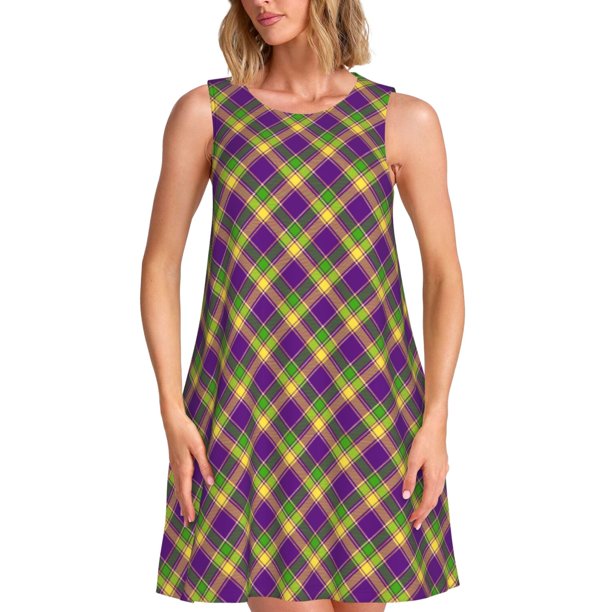 Easygdp Mardi Gras Plaid para Vestido Transpirable de Mujer, Vestido Suelto de Manga Corta con Pliegues y Bolsillos para el Verano