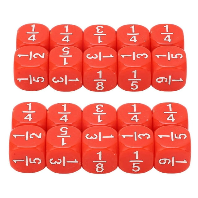 20 Pcs 6 Sided Plastic Fractional Dice Set, Multi-Faceted Table Game Accessories for Kids Math Practice, Red