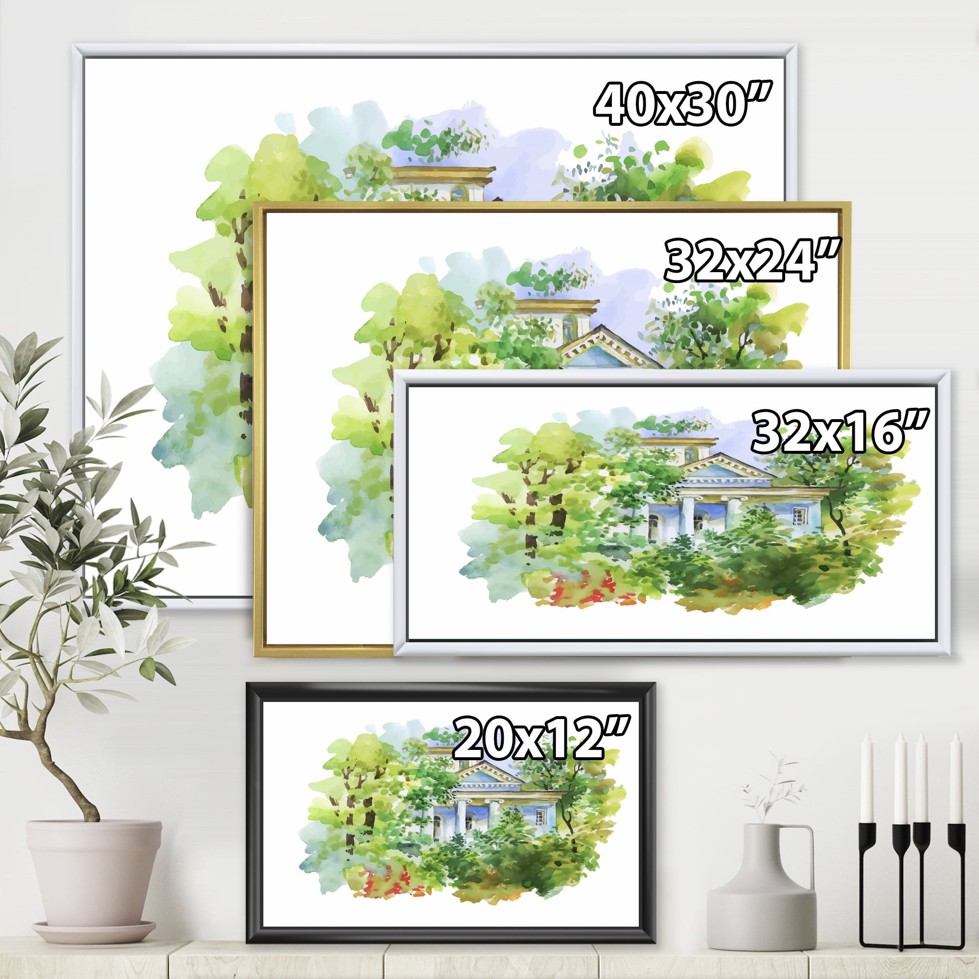 Designart 'White House In The Green Woods' Traditional Framed Canvas Wall Art Print