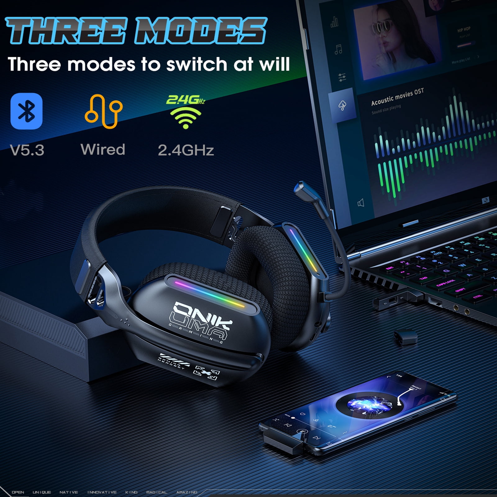 2.4GHz Wireless Gaming Headset for PC PS5 PS4, Ultra-Low Latency USB-C Dongle Gamer Headphones with Microphone, Bluetooth 5.3 & 3.5mm Wired Mode Gaming Headset for Switch Mobile Mac Laptop