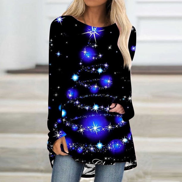 Pntutb Navidad Mujer Moda Casual Manga larga Cuello redondo tops Blusa suelta Camisas estampadas Pntutb Pntutb-6169