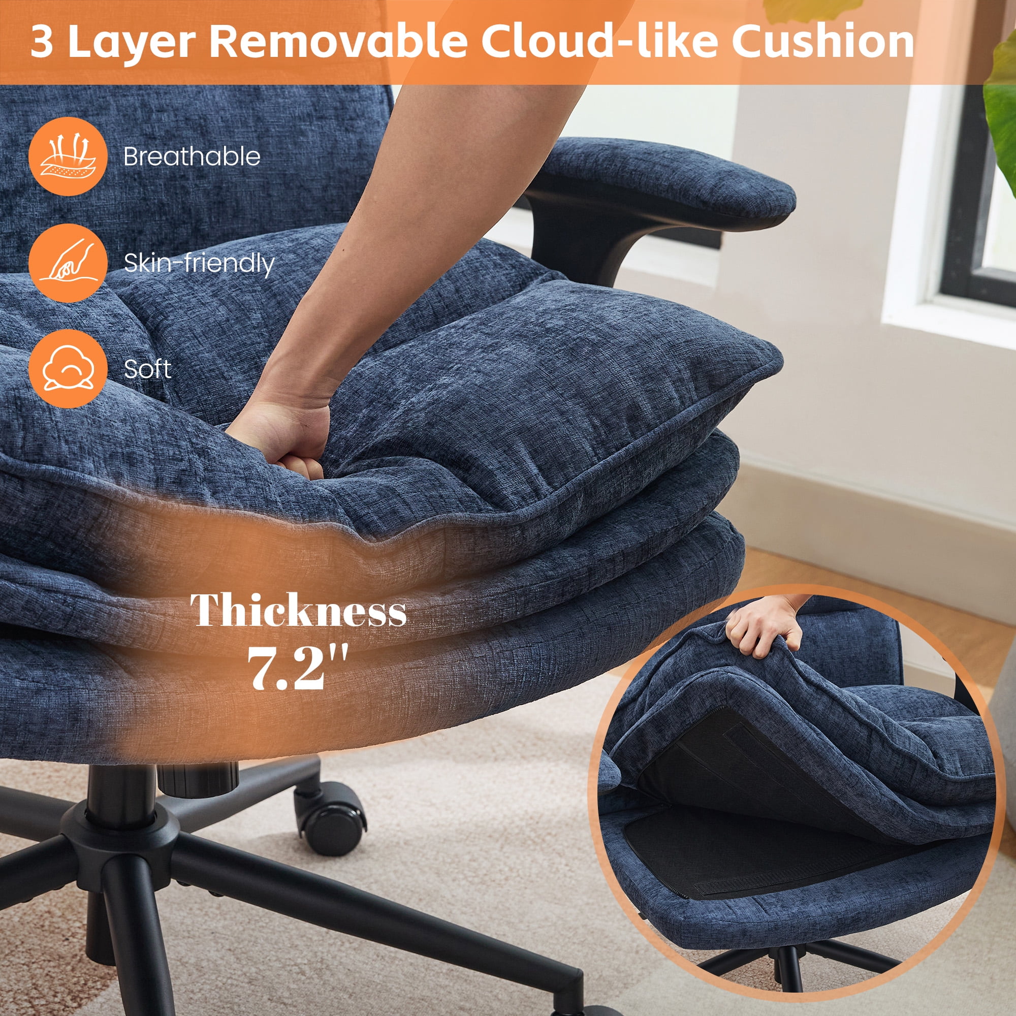 DOMICARE Criss Cross Chair with Flip-Up Arms, Wide Cross-Legged Office Chair with Wheels, Swivel Vanity Desk Chair, Blue Chenille
