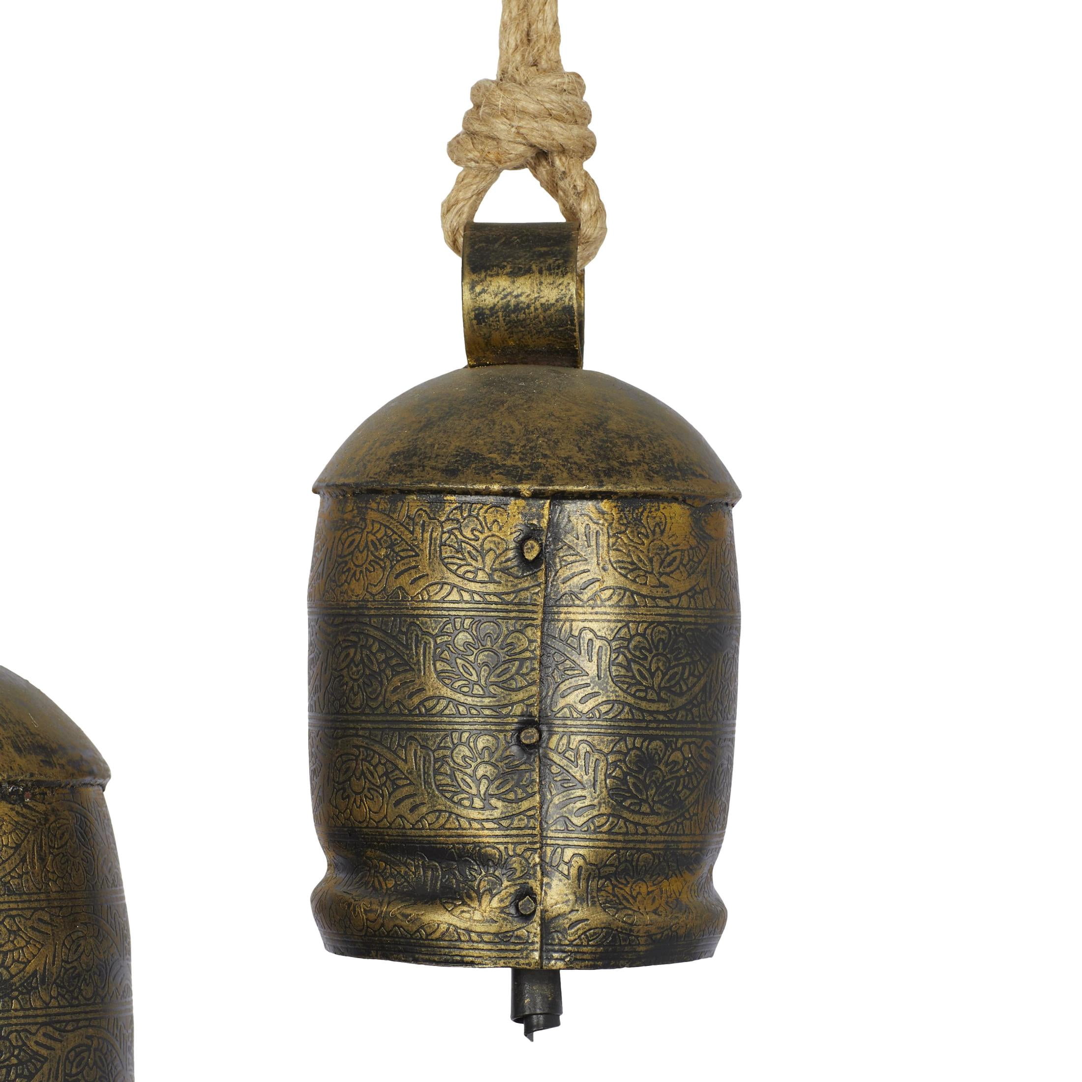 DecMode Bronze Metal Tibetan Inspired Decorative Hanging Bell Chime Set of 3 5", 4", 3"H, Features a Round Shape with Solid Pattern and Metal Clappers