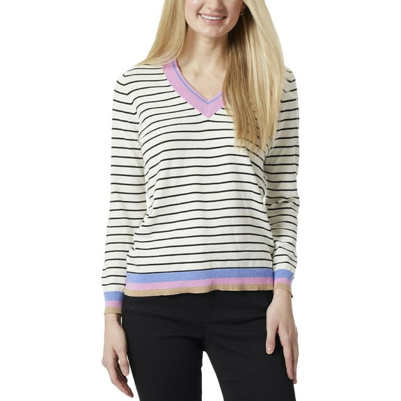 Jones New York Womens Striped V Neck Pullover Sweater